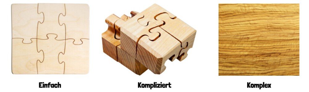 Ein einfaches Holzpuzzle, ein kompliziertes Holzpuzzle und eine komplexe Holzstruktur.